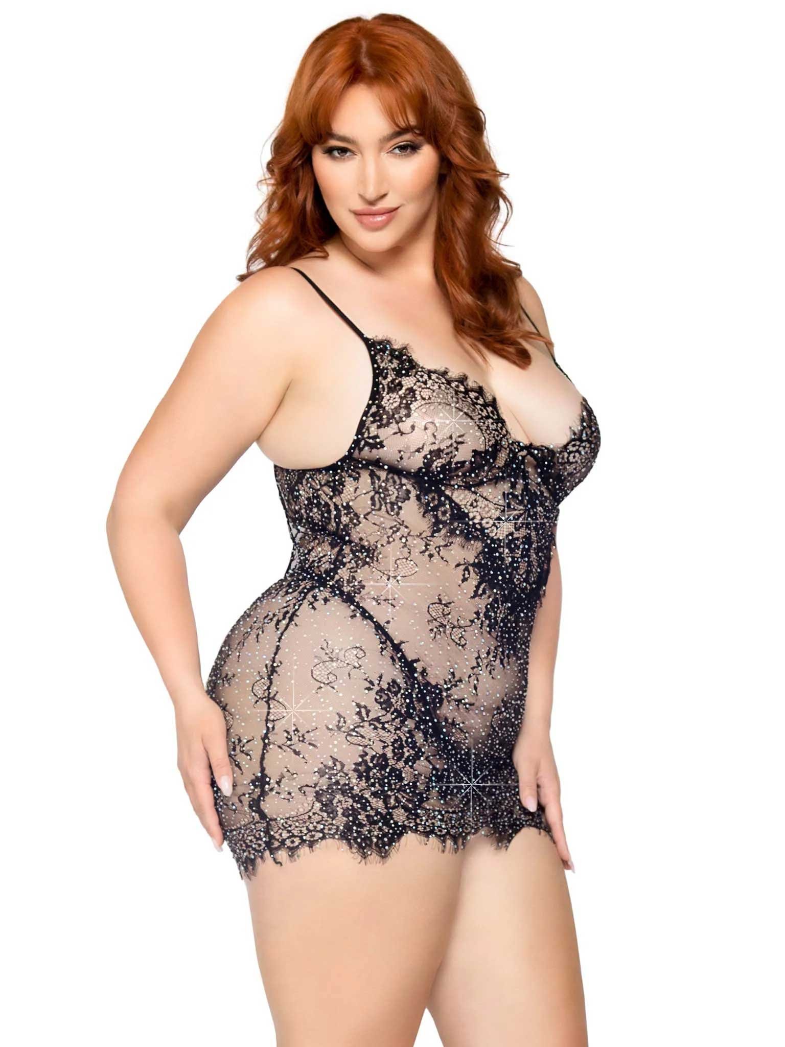 2 Pc Rhinestone Lace Dress and G-String - 1x/2x - Black image 0 2 Pc Rhinestone Lace Dress and G-String - 1x/2x - Black - Image 1