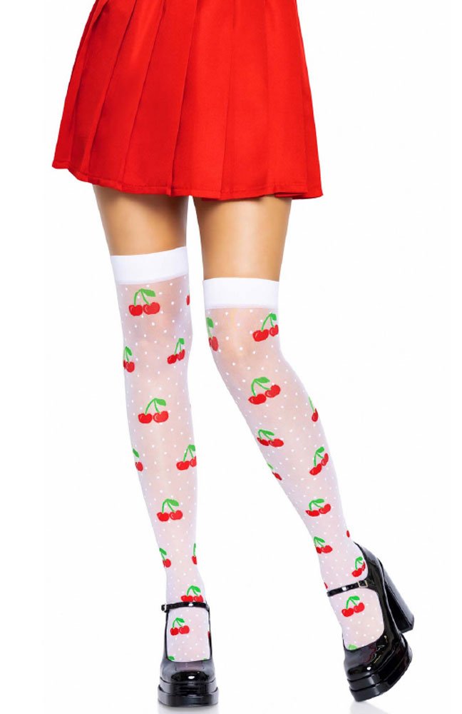 Sheer Polka Dot Cherry Thigh Highs - One Size - White/red image 0 Sheer Polka Dot Cherry Thigh Highs - One Size - White/red - Image 1