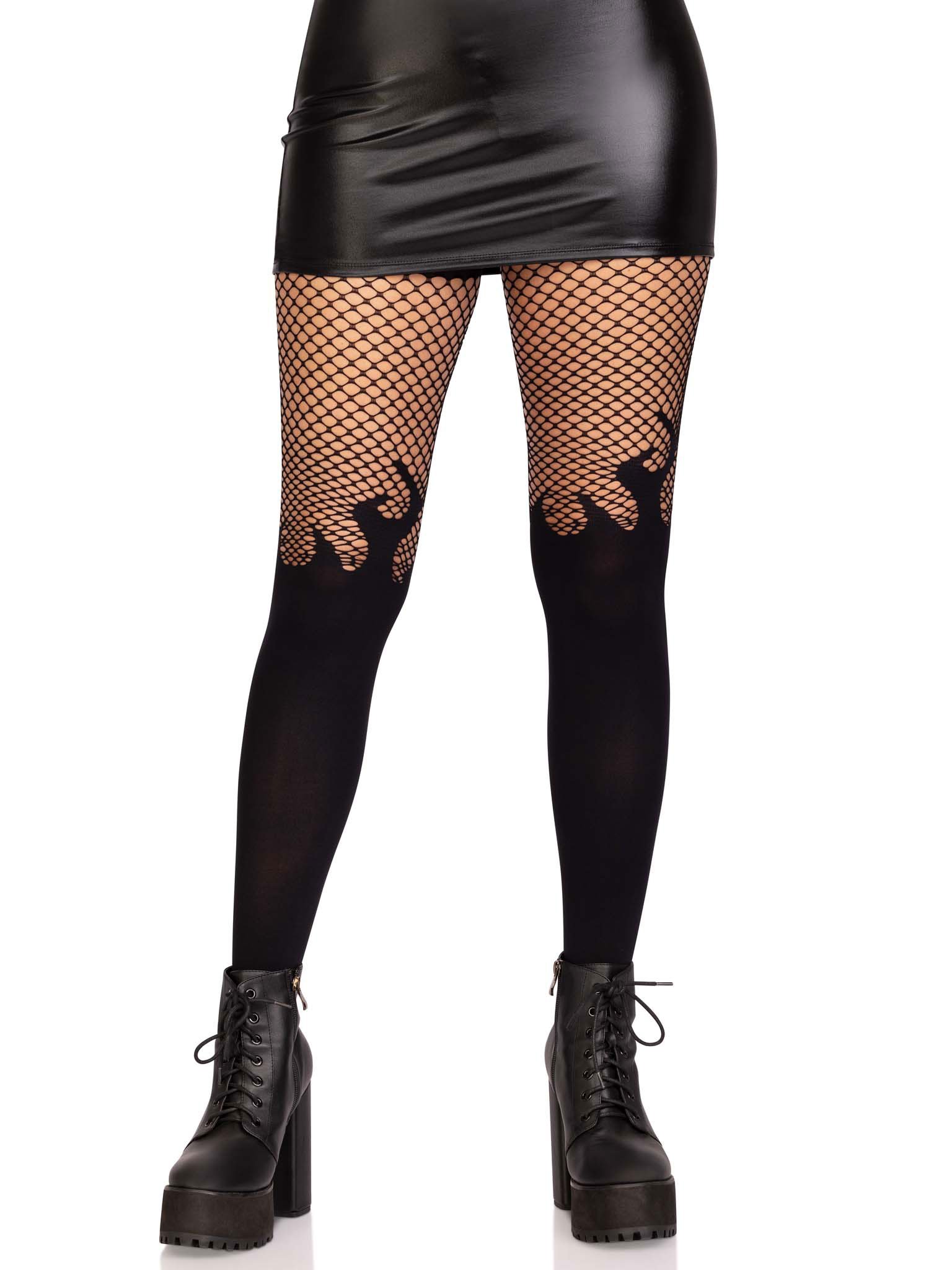 Opaque Flame Tights With Fishnet Top - One Size - Black image 0 Opaque Flame Tights With Fishnet Top - One Size - Black - Image 1
