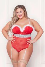 Rhinestone Studded Mesh Teddy With Marabou Trim - 1x/2x - Red