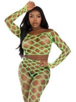 2 Pc Net Crop Top and Footless Tights - One Size - Neon Green - Image 5