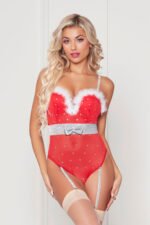 Rhinestone Studded Mesh Teddy With Marabou Trim - Large - Red