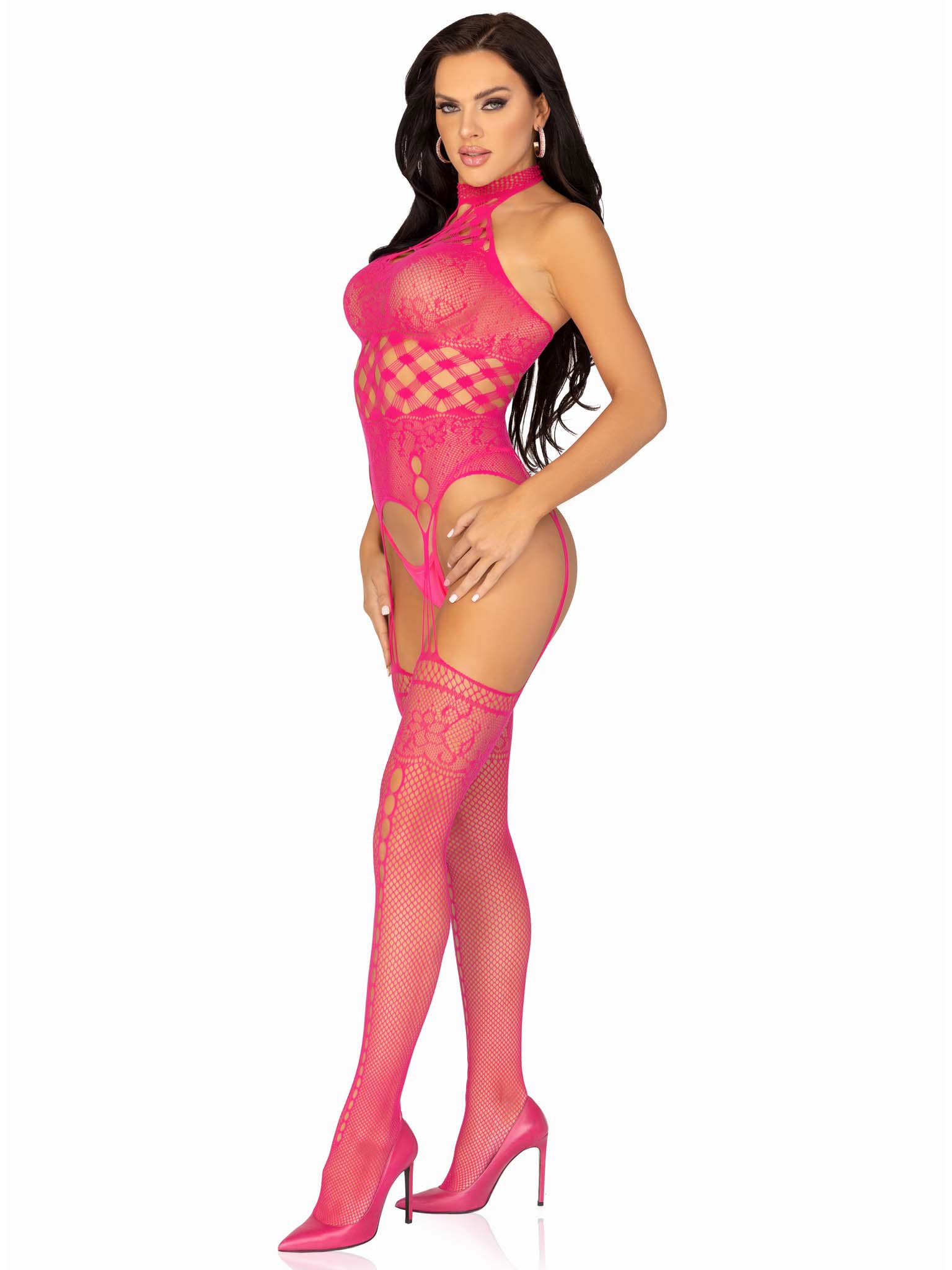High Neck Halter Hardcore Net and Lace Suspender Bodystocking - One Size - Raspberry image 0 High Neck Halter Hardcore Net and Lace Suspender Bodystocking - One Size - Raspberry - Image 1