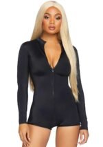 Zipper Front Long Sleeved Matte Romper - Small - Black - Image 2