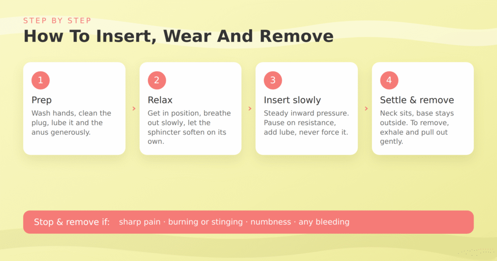 Infographic on how to insert, wear, and remove a butt plug